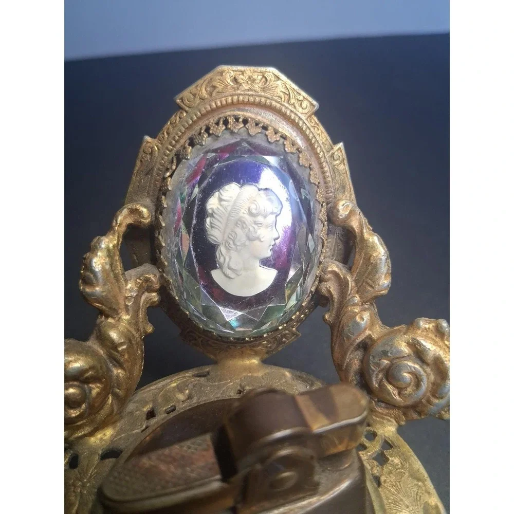 Vintage Mid Century Ornate Gilt Metal Table Lighter Crystal Cameo Gold Tone